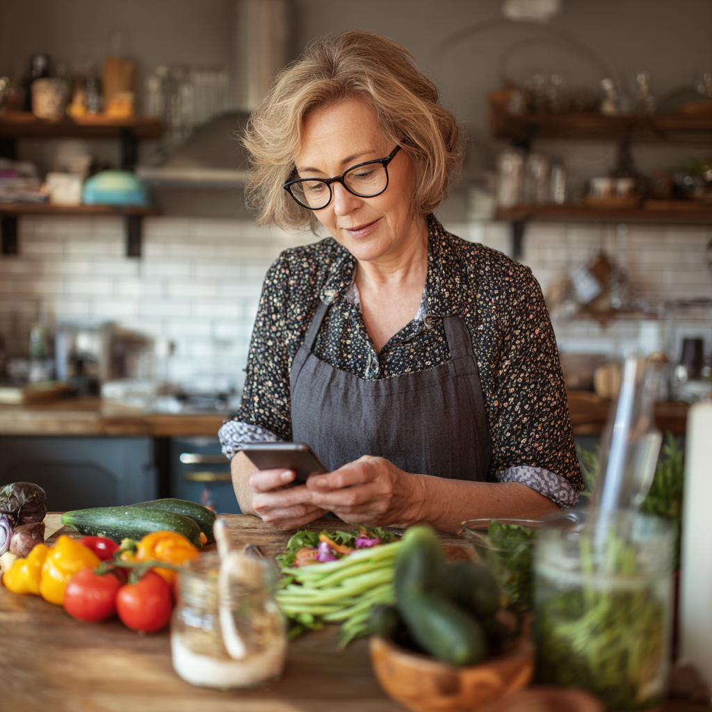 Жінка 58 років готує здорову їжу на кухні, використовуючи рекомендації додатку на телефоні