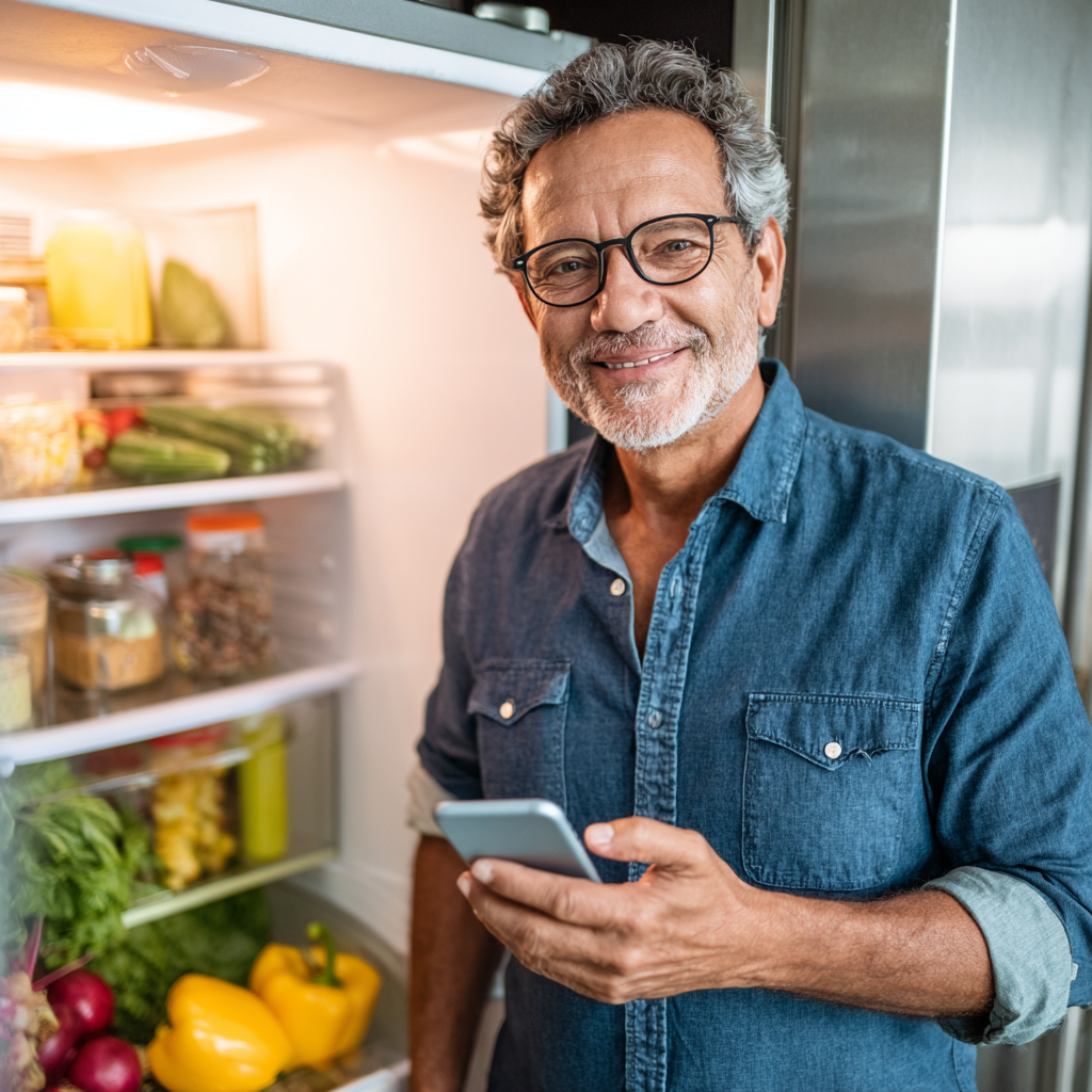 Чоловік 60 років тримає смартфон з додатком nesdrakol, стоїть біля холодильника зі здоровими продуктами