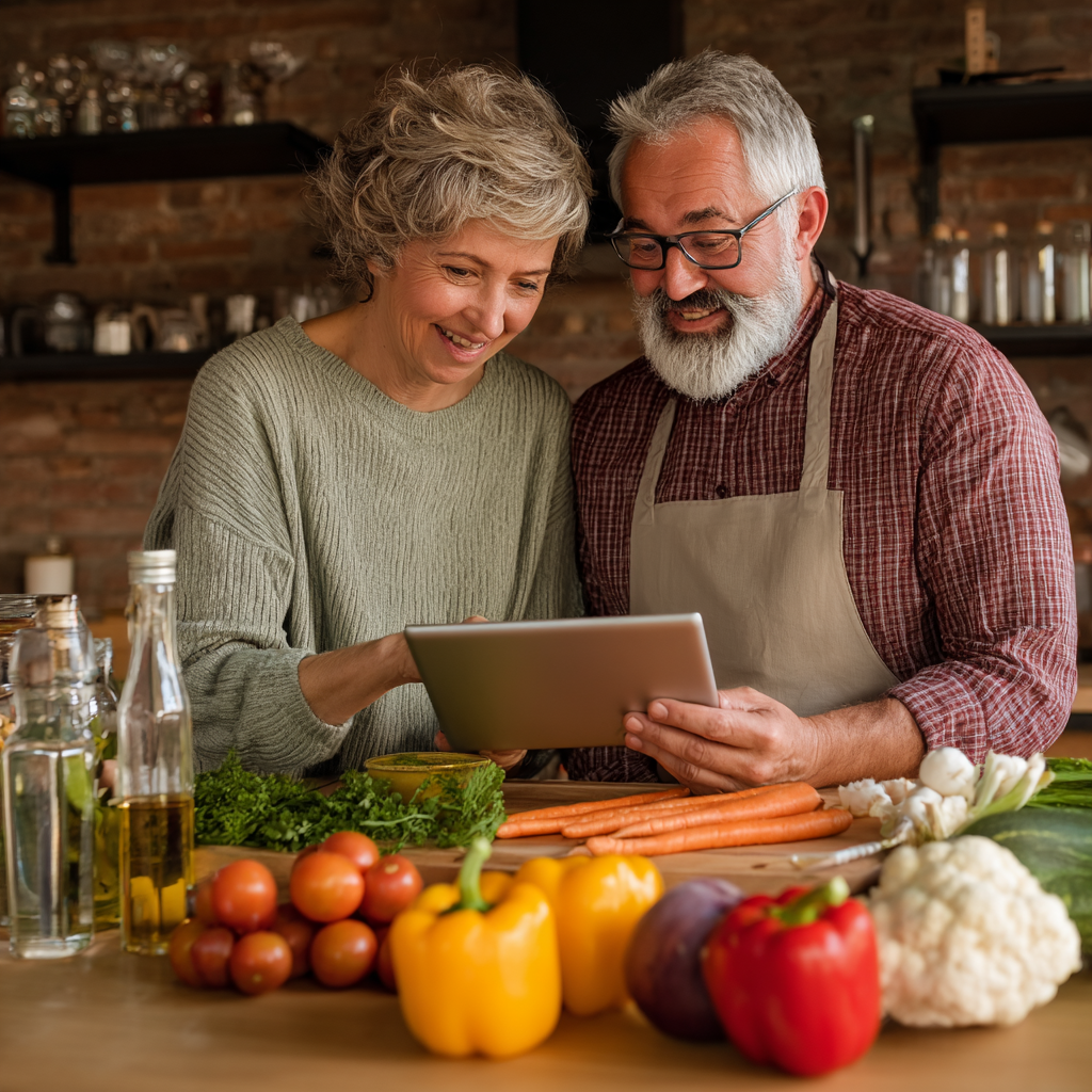 Пара 55-60 років разом готує здорову їжу на кухні, користуючись рекомендаціями з планшета