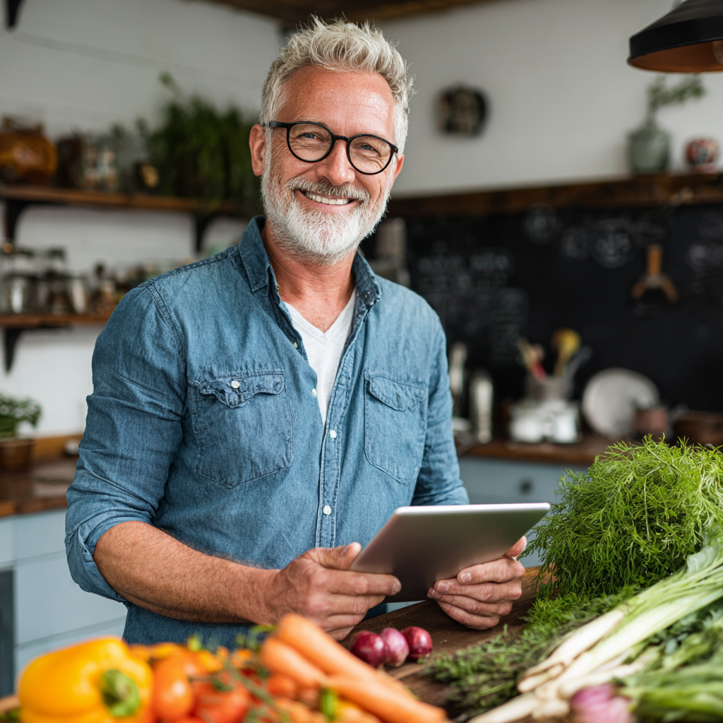Чоловік 55 років тримає планшет з додатком планування харчування, посміхається на кухні серед свіжих овочів
